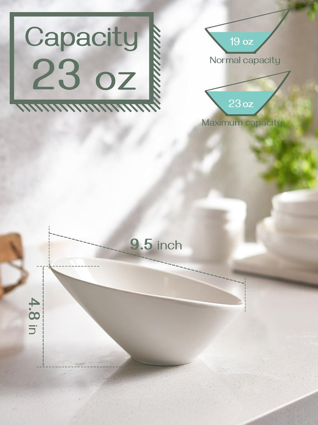 DOWAN 23 OZ Slanted Salad Bowls of 2 Packs - 9.5" Angled Serving Bowls for Salad  Fruit  Snacks - Ceramic White Bowls for Restaurant  Daily Use - Dishwasher & Microwave Safe